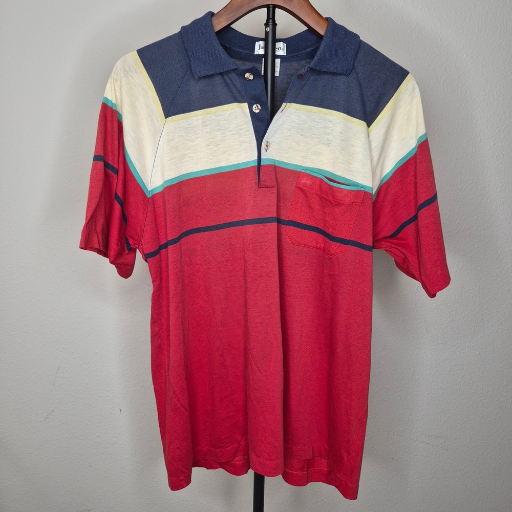 Vintage 80s 90s Jantzen Vintage Mens Colorblock Striped Polo Shirt Tennis Lg